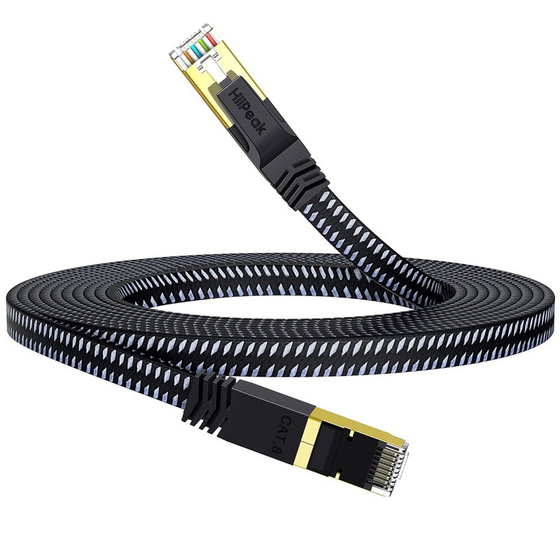 HiiPeak Cat 8 Ethernet Cable 5 ft, Flat Nylon Braided Internet Network Patch, High-Speed 40Gbps RJ45 for Modem, Router, PC, Xbox, Laptop, Computer, Black & Grey - Image 1